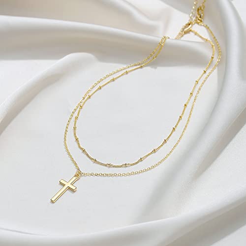 GLOQUAT Dainty Gold Cross Necklaces for Women 14K Gold Plated Satellite Bead Chain Layered Necklace Set Cross Pendant Necklace Simple Minimalist Dainty Necklace for Women Men
