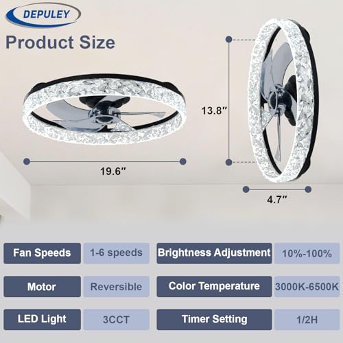 Depuley Ceiling Fans with Lights and Remote Control: 20 Inch Low Profile Ceiling Fan with 6 Speeds - 3000-6500K Dimmable Led Fandelier for Bedroom and Living Room - Black