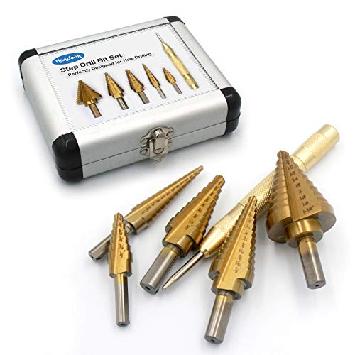 Step Drill Bit Set with Automatic Center Punch- Titanium Coated, Double Cutting Blades, High Speed Steel, Short Length Drill Bits Set of 5 pcs, Total 50 Sizes with Aluminum Case, Multiple Hole Step