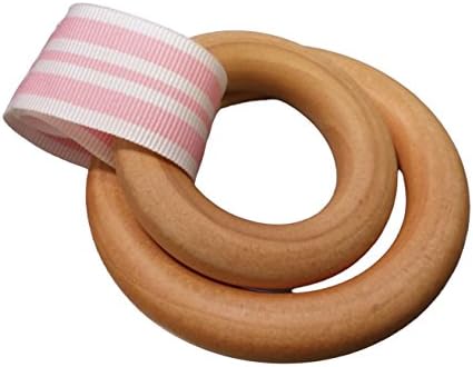 Intuitoys Two Ring Teether (Candy Stripe Pink), Handmade in USA, Natural, Wood Teether, Baby Rattle, Developmental Toy for Babies