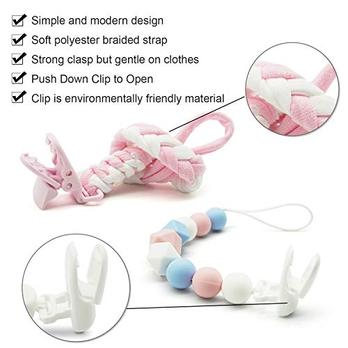 Pacifier Clip for Baby Girls, Baby Holder Leash, Braided Pacifier Holder & Silicone Pacifier Holder, Teether Toy Leash, Baby Shower Gift Set, Easy to Use for Teething Toys (Pink)