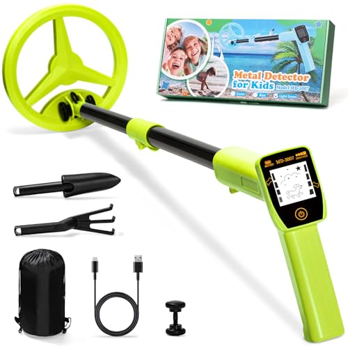Metal Detector Children, Smofrees via USB Rechargeable Small Children's Metal Detector, Adjustable 60-86 cm Portable Metal Detector with Fun LCD Display for Outdoor Exploration, Light Green