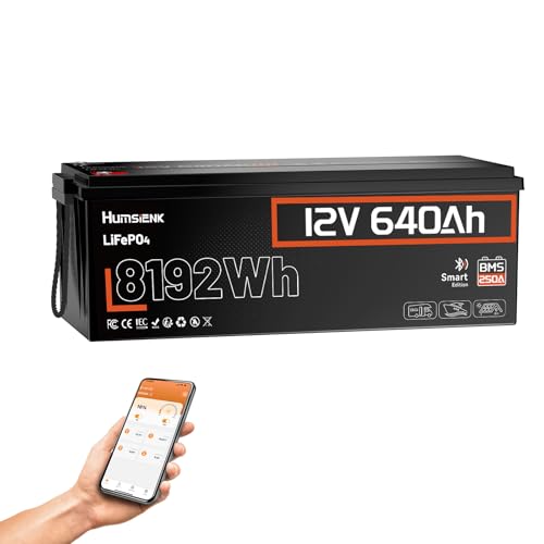 HumsiENK 12V 640Ah LiFePO4 Lithium-Akku mit Bluetooth, 250A BMS, über 15.000 Ladezyklen, IP65-Schutz und Schutz bei niedrigen Temperaturen, max. 8192Wh Leistung