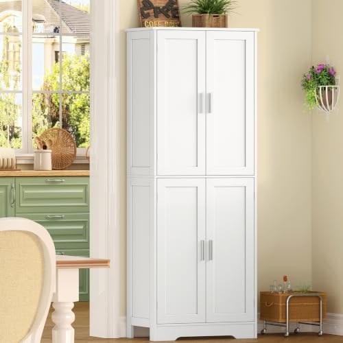 TEENFON 67" Storage Cabinet, Kitchen Pantry Cabinet with 4 Doors and 2 Adjustable Shelves, Tall Bathroom Cabinets, Cupboard, for Dining Room,White
