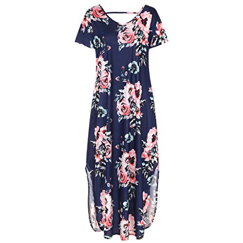 Lloopyting Women's Print Casual Loose Pocket Long Straight Dress Short Sleeve V-Neck Fashion Maxi Dress Blue
