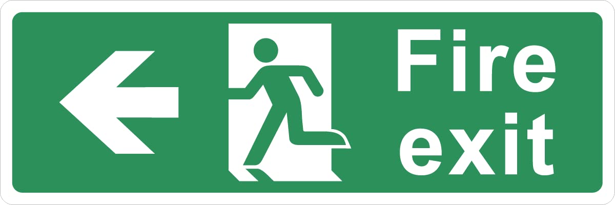 315mm x 105mm x 3mm premium composite aluminium Fire exit sign (left arrow) with rounded corners. Permanent signs for buildings