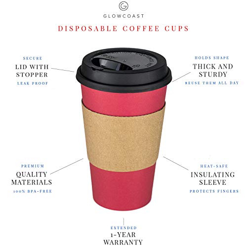 Glowcoast Disposable Coffee Cups With Lids - 16 oz To Go Coffee Cup (90 Pack). Large Travel Cups Hold Shape With Hot and Cold Drinks, No Leaks! Paper Cups with Insulated Sleeves Protect Fingers! - Thumbnail 2