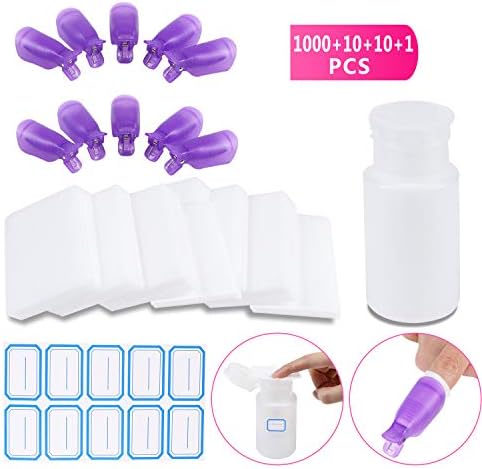 1013 Pcs Gel Nail Polish Remover Set - Lint Free Cotton Pads Nail Wipes & Acrylic Nails Soak Off Clips Caps & Rose Red Cuticle Pusher & Empty Pump Bottle Dispenser with 1 sheet Label Stickers