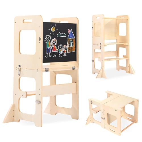 Labebe Montessori Children's Tower, 3 in 1 Folding Teaching Tower, Ladder Children's Stool with Blackboard, Montessori Wood Tower for Kitchen Utensils from 18 Months (Wood)