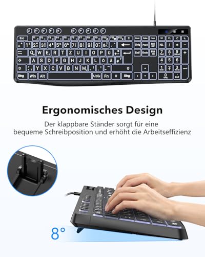 OMOTON Illuminated Keyboard, Cable PC Keyboard, QWERTZ White Illuminated with Large Pressure, 2 in 1 USB A/C for Seniors, Children, Visually Impaired for Windows with Multimedia Keys