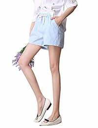 Pantalones cortos para dama, cintura elástica, algodón, lino, casual, playa, pantalones cortos de pierna anchos con cordón