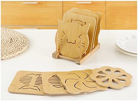 6" Wooden Coaster Set Of 8 With Holder,Bamboo Trivets,Hot Pads,Teapot Trivet,Pot Pads Different Pattern Design
