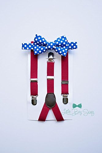 Light Blue Polka Dot bow tie with red suspenders. A stylish look for ring bearers, groomsman, birthday parties, cake smash or family photos.