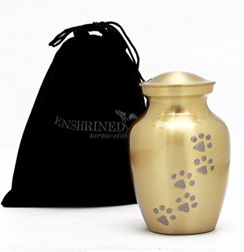 Enshrined Memorials Cremation Urn for Ashes by Cerberus Series Small Pet Dog Cat Handcrafted Solid Brass Affordable for Funeral in Velvet Bag Engraving Design (Matte Gold, Vertical Paws) - Thumbnail 4