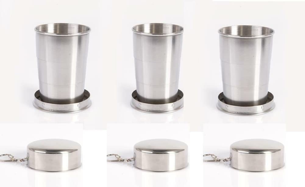 Sport Store Set of 3 Stainless Steel Folding Glasses with Hook for Camping Travel Party