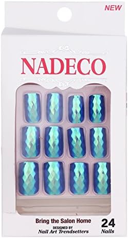 NADECO Sapphire Blue Galactic Geode,Chrome Diamond,rhombus,lozenge,rhomb face Square middle Length Nail Tips