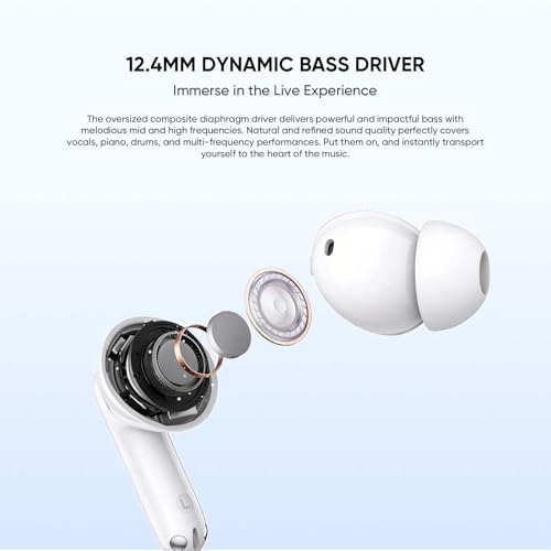realme Buds T200 Auriculares Inalámbricos con 32dB ANC, 50H de Batería, Auriculares Bluetooth TWS In-Ear con 12,4 mm Hi-Res Audio Controlador y 3D Audio Espacial, IP55 Audífonos, Blanco