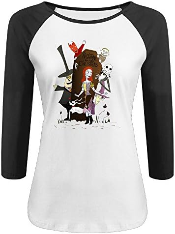 Women's The Nightmare Before Christmas 100% Cotton 3/4 Sleeve Athletic Baseball Raglan T-Shirt Black US Size L