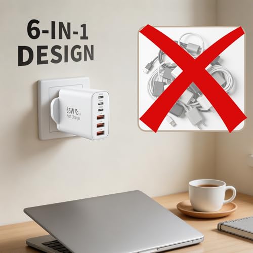 USB C Plug, 65W USBC Wall Fast Charger, Type C iPhone USB C Charger Fast Charging, 6-Port Multi Charger UK Plug Power Adapter for iPhone 17/16/15/14/13/12/11/Pro Max/Plus/Air, iPad mini/Pro, S26/S25