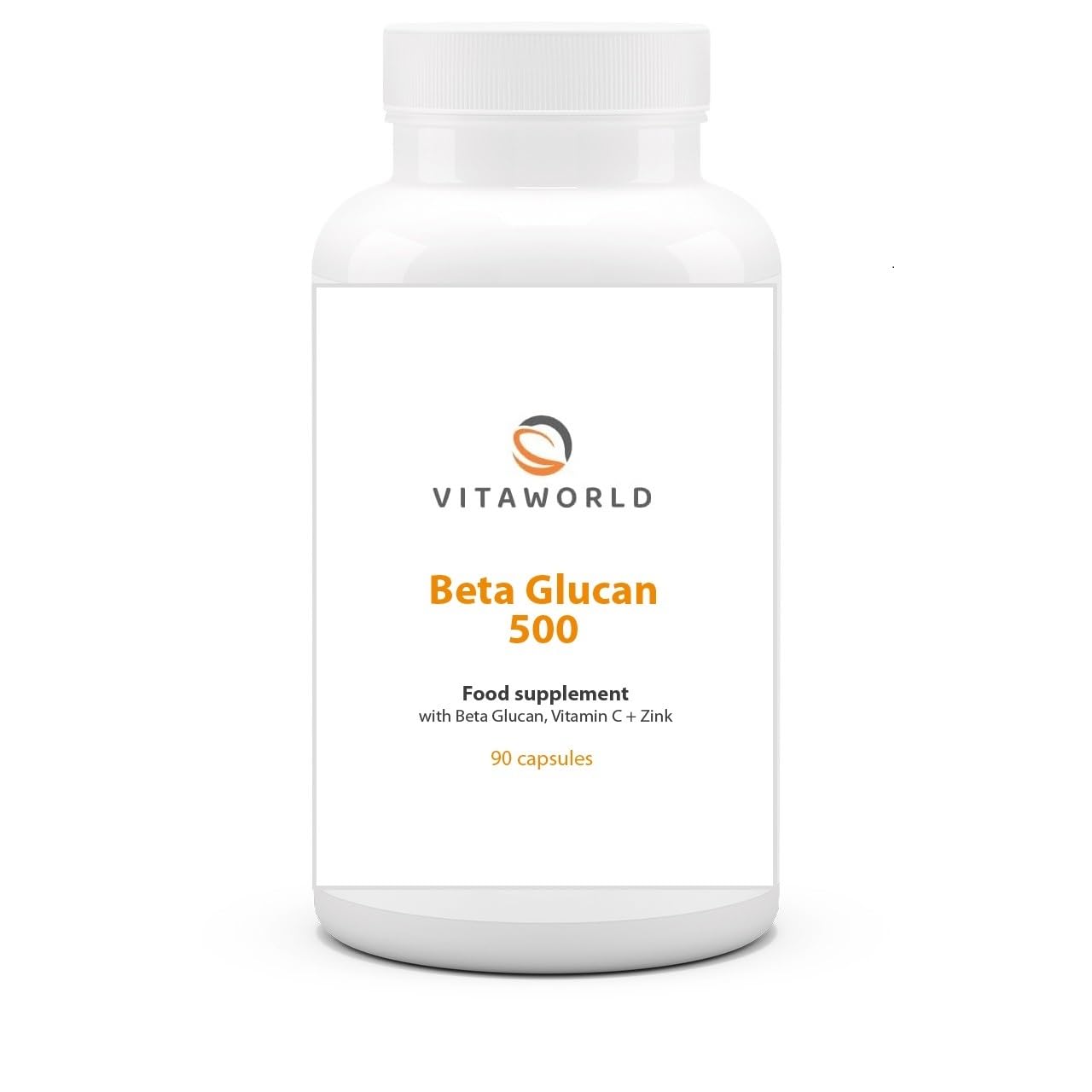 Vita World Beta Glucan - Beta Glucan Capsules High Dose 500mg per Day (90 Vegan Capsules) - High Bioavailability with Vitamin C + Zinc - No Additives & Gluten
