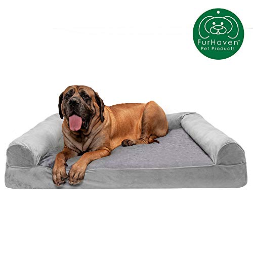 Furhaven Pet Dog Bed | Orthopedic Faux Fur & Velvet Traditional Sofa-Style Living Room Couch Pet Bed w/ Removable Cover for Dogs & Cats, Smoke Gray, Jumbo Plus