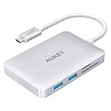 AUKEY MacBook Pro USB C Hub, HDMI 4K, Card Reader, 3 USB 3.0 Ports, 60W Type C Charging for MacBook 2017 iMac, Google Chromebook Pixelbook - Aluminum, Silver
