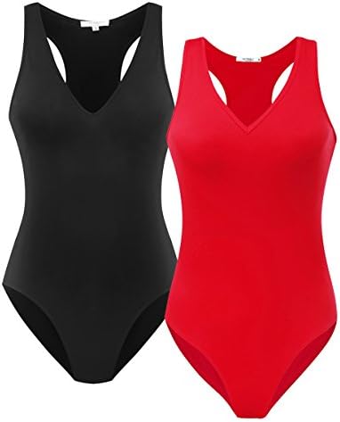 SUNRO 2 Pack Women's Sexy V Neck Bodysuits Jumpsuits (Medium, Red &amp; Black)