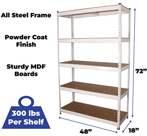 MonsterRax 18"x48"x72" Modular Garage Shelving - White Steel Storage Rack - 300 Pounds Per Shelf - 5-Tier Shelves/Work Bench (18x48x72)