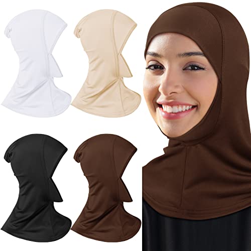 4 Pieces Modal Hijab Cap Adjustable Muslim Stretchy Turban Full Cover Shawl Cap Full Neck Coverage for Lady