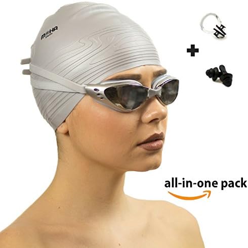 Swim Goggles Complete Bundle: Includes Waterproof Swimming Cap Set, Nose Clip, Ear Plugs. One Click Performance Swimming Goggles with UV Protection & Anti-Fog for Men and Women. Free Protective Case