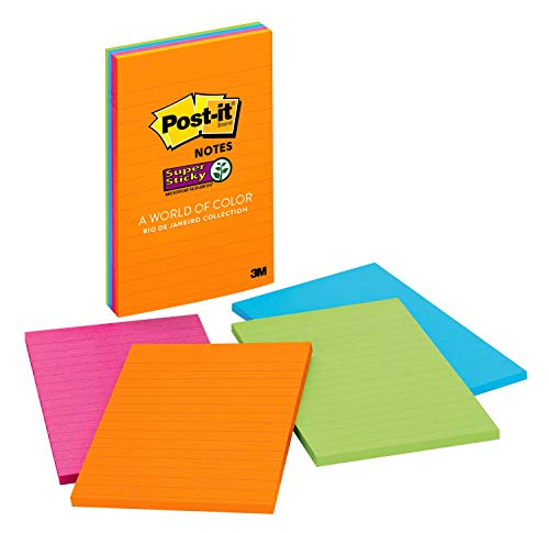 Post-it Super Sticky Notes, 2x Sticking Power, 4 in x 6 in, Rio de Janeiro Collection, Lined, 4 Pads/Pack, 45 Sheets/Pad (4621-SSAU)