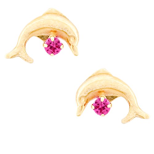 14K Yellow Gold Dolphin Stud Kids Earrings With Safety Screw Backs (July-Ruby)