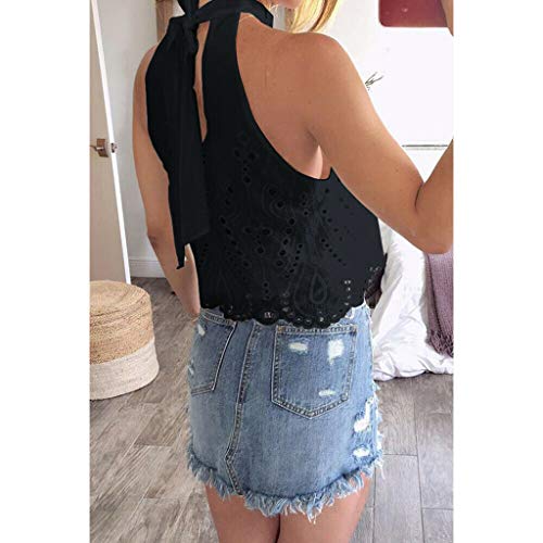 Womens Lace Crochet Sleeveless Tops Sexy Halter Hollow Out Crop Tank Top Blouse Cami Vest Black