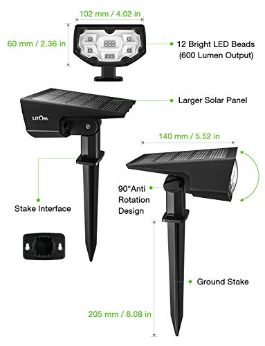 LITOM 12 LED Solar Landscape Spotlights, IP67 Waterproof Solar Powered Wall Lights 2-in-1 Wireless Outdoor Solar Landscaping Light for Yard Garden Driveway Porch Walkway Pool Patio 2 Pack Multicolored - Thumbnail 6