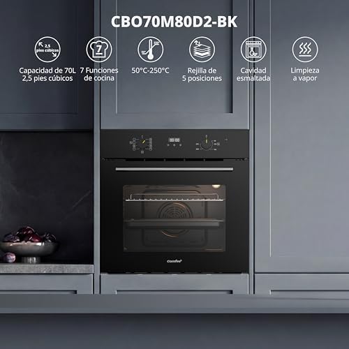 ' Horno Pizza Eléctrico Empotrable Multifunción, Convección, 1 Bandeja y 1 Rejilla, Limpieza Aquactiva, 70L, 7 Funciones, Ventilador de, Cavidad Esmaltada, Puerta Fría, CBO70M80D2-BK [Clase A]