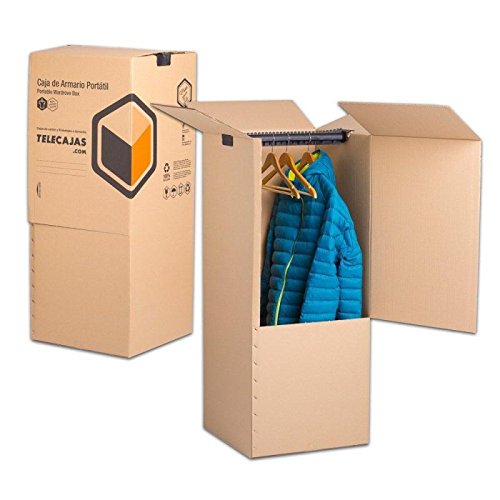 Pack de 2 Cajas Armario Portátiles de Cartón 50x50x100 cms Doble Pared. Incluye BARRA PERCHERO (x2) TELECAJAS