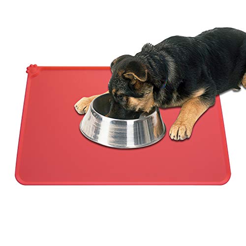 Dog Food Mat, Silicone Dog Cat Bowl Mat, Non Slip Waterproof Pet Feeding Mat FDA Grade Food Container Placemat for Small Animals (18.5"x11.8", Red)