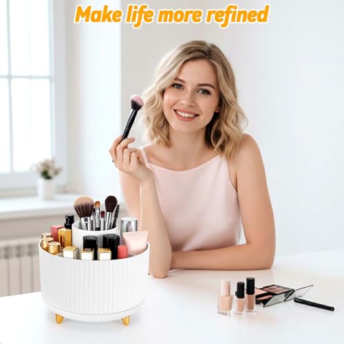 Staranry 360° Rotating Makeup Organizer Holder, Makeup Brush 5 Grids, Multifunction Cosmetic Makeup Organizer, Swivel Organizer for Dresser, Bedroom, Bathroom (White)