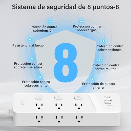 KIROGILY Multicontacto Regleta Extension Electrica con Protector Supresor de Picos Voltaje, Enchufe Plano, 1.8 M, 6 Tomas de Ca y 4 USB (2 USB-C), Sleek Socket, Excelente para Oficina y Hogar