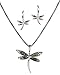 JNX Green Abalone Dragonfly with Filigree Pattern in a Silver-Tone Popcorn Chain & Earrings