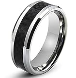 Zealmer Men's Carbon Fiber Silver White Beveled Edge Titanium Ring Comfort Fit Promise Wedding Bands
