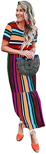 FSSTORY Womens Boho Casual Loose Rainbow Stripes Print Short Sleeve Maxi Beach Dress