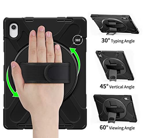 Gerutek Shockproof Case for iPad (A16) 11th/10th Generation (11/10.9 inch) 2025/2022, iPad 10th Case, Rugged Case with 360 Rotating Stand, Hand Strap and Shoulder Strap, Pen Holder, Black