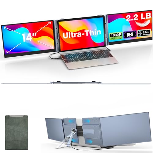 Kwumsy Laptop Bildschirm Erweiterung 14 Zoll – FHD 1080P Tragbarer Monitor Für Laptop, Triple Screen Extender,Ultraleicht & Ultradünn 0,17", Plug & Pl