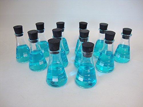 LabStock 50ml Erlenmeyer Flask, Glass with Rubber Stoppers, Pack of 12