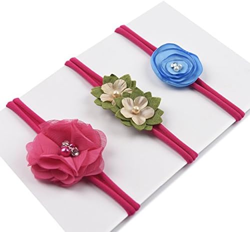 Baby Girl Flower Headband | Nylon Hair Bands - Soft Elastic Design Set of 3 ( Rose Red Bands )