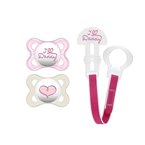 MAM Pacifier and MAM Pacifier Clip Value Pack (2 Pacifiers & 1 Clip), Pacifiers 0-6 Months, Baby Girl Pacifier "I Love Daddy" Design, Baby Pacifier Clips, Pink & White