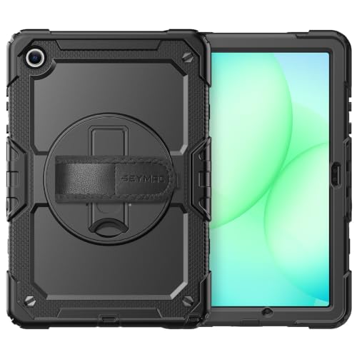 SEYMAC Cover for Samsung Galaxy Tab A11+ Plus 11 Inch 2025 (SM-X230/X235/X236), Anti-Shock and Screen Protector, 360° Swivel Stand, Hand and Shoulder Strap, Keyboard Holder, Black