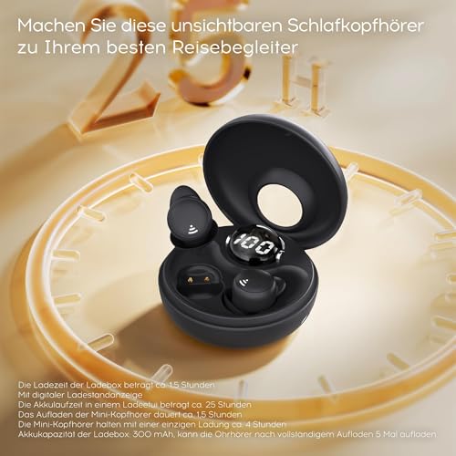 sunvito Auriculares para Dormir, Mini Auriculares para Dormir, inalámbricos Bluetooth 5.3, Silicona líquida, para Dormir de Lado, indicador de Potencia para Entrenar, Trabajar, Viajar (Negro)