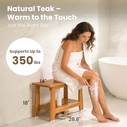 NNN 30" Commercial Teak Shower Bench - 8 Non-Slip Leveling Feet & 350 lbs Capacity | Rock-Solid Stability for Seniors & Spa Safety | Waterproof Design for Saunas/Outdoor Pools (Patented)